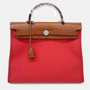 Pre Owned حقيبة هيرمس برادا نسيج بني أحمر وجلد بسحاب هيرباج صغير