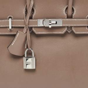 Pre Owned Hermes Birkin 25 Palladium Finish Etoupe Tadelakt Leather Tote