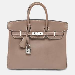 مملوكة مسبقًا Hermes Birkin 25 Palladium Finish Etoupe Tadelakt Leather Tote