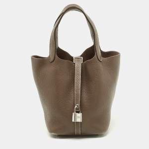 Pre Owned Hermes Picotin Lock 18 Etoupe Taurillon Clemence Leather Tote
