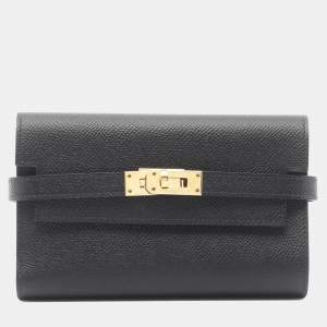 Pre Owned محفظة هيرمس كيلي ثلاثية الطي جلد إبسوم سوداء متوسطة