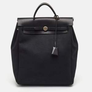 مملوكة مسبقًا Hermes Herbag Black Toile Canvas and Vache Hunter Top Handle Bag