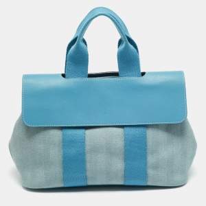 مملوكة مسبقًا Hermes Valparaiso PM Bleu Jean Chevron Toile and Swift Leather Tote