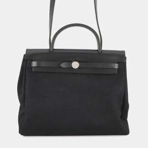 Pre Owned Hermes Herbag Black Toile Officier Vache Hunter Leather Size Pm