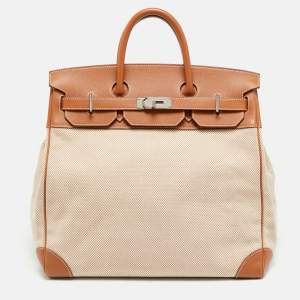 Pre Owned Hermès Birkin HAC 40 Palladium Finish Gold/Ecru Evercolor Leather and Criss Viking Toile Tote