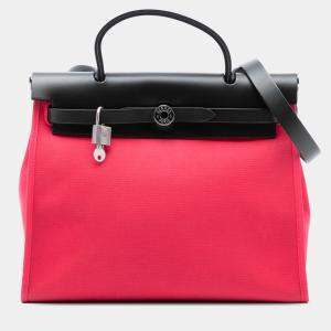 Pre Owned Hermes Black Pink Toile Herbag Zip 31
