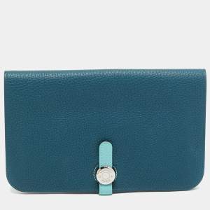 Pre Owned Hermes Dogon Duo Colvert/Bleu Atoll Taurillon Clemence and Swift Leather Wallet