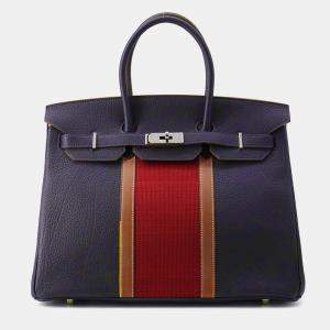Pre Owned Hermes Birkin Club Blue Indigo/Rouge Casaque/Fauve Fjord Leather Barenia Leather Ottoman Size 35