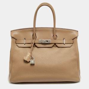 Pre Owned Hermes Birkin 35 Palladium Finish Tabac Camel Taurillon Clemence Leather Tote