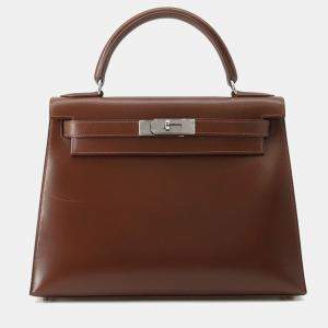 Pre Owned Hermes Kelly Sellier Noisette Box Calf Leather Size 28