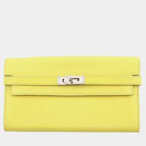 Pre Owned Hermes Kelly Wallet Long Lime Chevre Myzore Goatskin