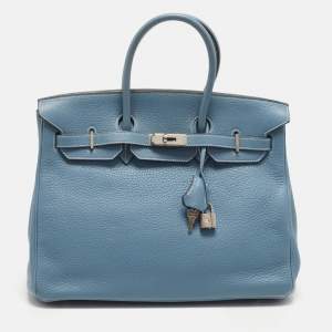 Pre Owned Hermes Birkin 35 Palladium Finish Bleu Jean Taurillon Clemence Leather Tote