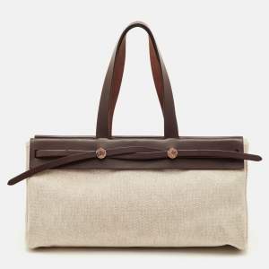 Pre Owned حقيبة هيرمس هيرباغ كاباس وسط قماش طبيعي/شوكولاتة وفاتش هنتر