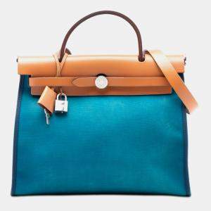 Pre Owned Hermes Blue, Brown Toile Herbag Zip 31