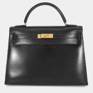 Pre Owned Hermes Kelly Sellier Black Box Calf Leather Size 32