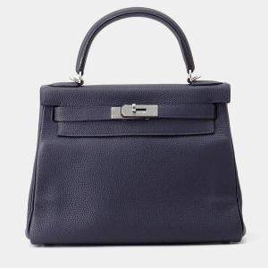 Pre Owned Hermes Kelly Retourne Blue Nuit Togo Leather Size 28