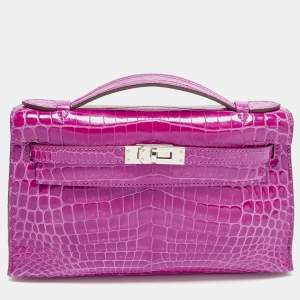 Pre Owned Hermès Kelly Palladium Finish Rose Scheherazade Crocodile Niloticus Pochette