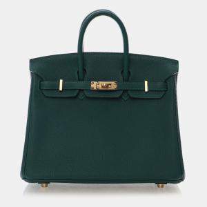 Pre Owned Hermes Birkin 25 Green Togo Calfskin Leather Top Handle Bag