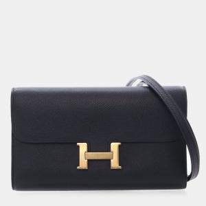 Pre Owned Hermes Constance To Go Black Epsom Calfskin Leather Wallet on Chain