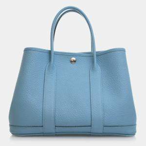 Pre Owned Hermes Garden Party 30 Bleu Du Nord Negonda Calfskin Leather Tote Bag