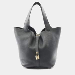 Pre Owned Hermes Picotin Lock Mm Handbag In Taurillon Clemence Leather Black.