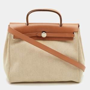 Pre Owned Hermes Herbag 31 Ecru/Natural Toile Canvas and Vache Leather Bag