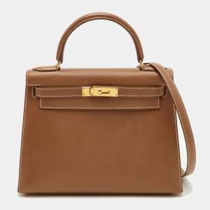 مملوكة مسبقًا Hermes Kelly Sellier 28 Gold Finish Gold Courchevel Leather Top Handle Bag