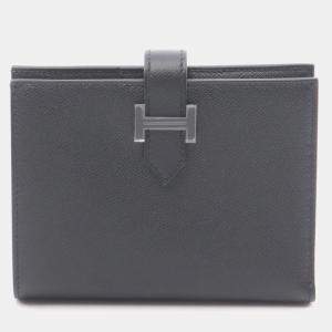 Pre Owned Hermes Bearn Compact Bi-Fold Wallet In Calfskin Leather Cowhide Black