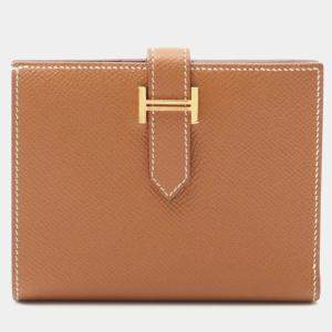 Pre Owned Hermes Bearn Compact Gold Bifold Wallet Epsom Leather Brown