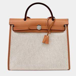 Pre Owned Hermes Beige Brown Canvas and Leather NEW ZIP Herbag Small