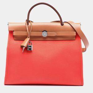 Pre Owned Hermes Brown Orange Toile Herbag Zip 31