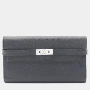 Pre Owned Hermes Kelly Wallet Long Verso Bifold Leather Calfskin Epsom Navy