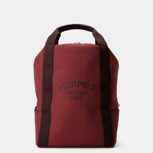 Pre Owned Hermes Sacked Pansage Groom Backpack Rouge H/Chocolat Toile Chevrons Canvas