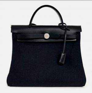 Pre Owned Hermes Black Canvas and Leather NEW ZIP Herbag Small