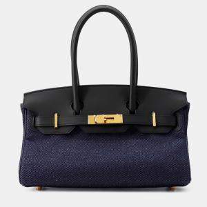 Pre Owned Hermes Shoulderbirkin Light Black/Blue Indigo Swift Leather Toile Jean Size 29