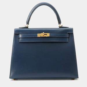 مملوكة مسبقًا Hermes Kelly Sellier Blue De Prusse Box Calf Leather Size 25