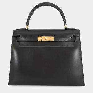 مملوكة مسبقًا Hermes Kelly Sellier Black Box Calf Leather Size 28