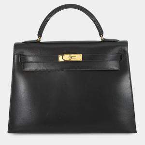 Pre Owned Hermes Kelly Sellier Black Box Calf Leather Size 32