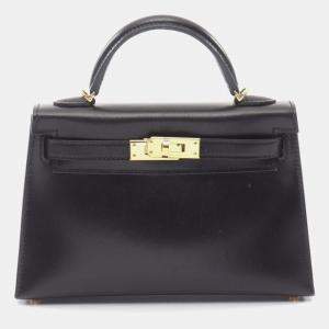 Pre Owned Hermes Mini Kelly II 20 Black Box Calfskin Leather Gold Hardware Top Handle Bag