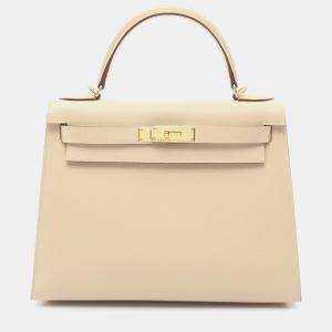 Pre Owned Hermes Kelly 28 Craie Epsom Leather Gold Hardware Sellier Top Handle Bag