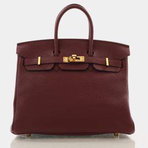 مملوكة مسبقًا Hermes Birkin 25 Bordeaux Togo Calfskin Leather Top Handle Bag