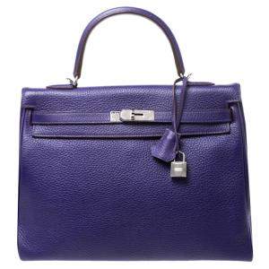 Pre Owned Hermes Ultraviolet Clemence Leather Palladium Hardware Kelly Retourne 35 Bag