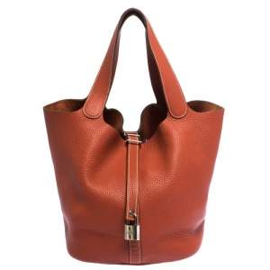 Pre Owned Hermes Orange Clemence Leather Picotin GM Bag