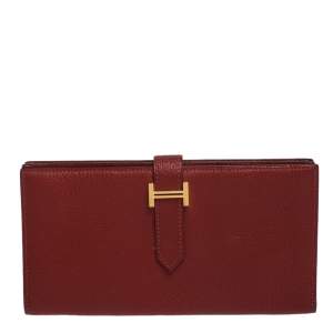Hermes Rouge H Chevre Leather Bearn Gusset Wallet