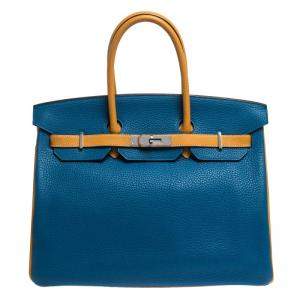 Hermes Blue Hydra/Jaune d'Or Clemence Leather Special Order Palladium Hardware Birkin 35 Bag