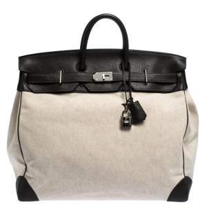 Pre Owned Hermes Beige Canvas and Ebene Clemence Leather Palladium Hardware HAC Birkin 50 Bag