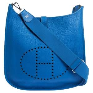 Pre Owned Hermes Blue Clemence Leather Evelyne III GM Bag