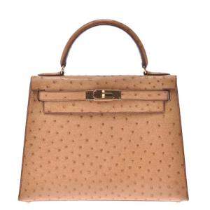 Hermes Chestnut Ostrich Leather Gold Hardware Kelly Sellier 28 Bag 