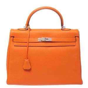 Pre Owned Hermes Orange Togo Leather Palladium Hardware Kelly Retourne 35 Bag