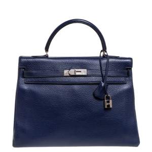 Pre Owned Hermes Blue Encre Clemence Leather Palladium Hardware Kelly Retourne 35 Bag